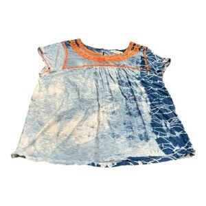 Boden Girls Short Sleeve Tie Dyed Shirt, Blue, Orange Embroidery, Size 14